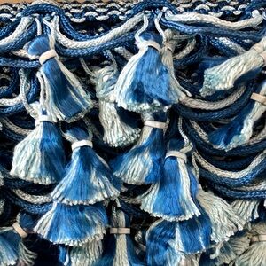 Tassel fringe trim two-tone blue with a Triple loop on braid edge. 2" x 23+yards